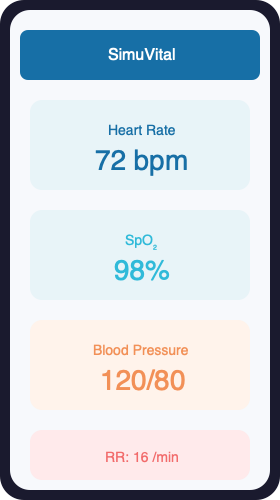 SimuVital trainee phone view showing vital signs