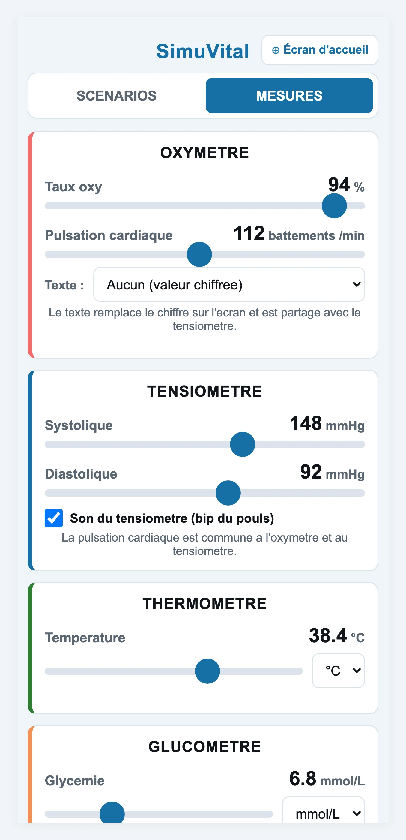 The SimuVital control console open in a phone browser