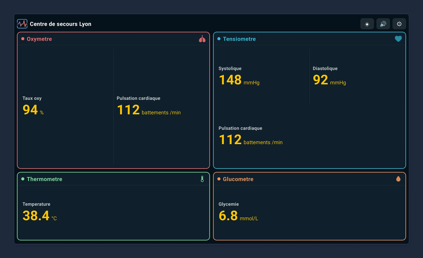 The SimuVital tablet app in dark mode, showing the four vital sign quadrants