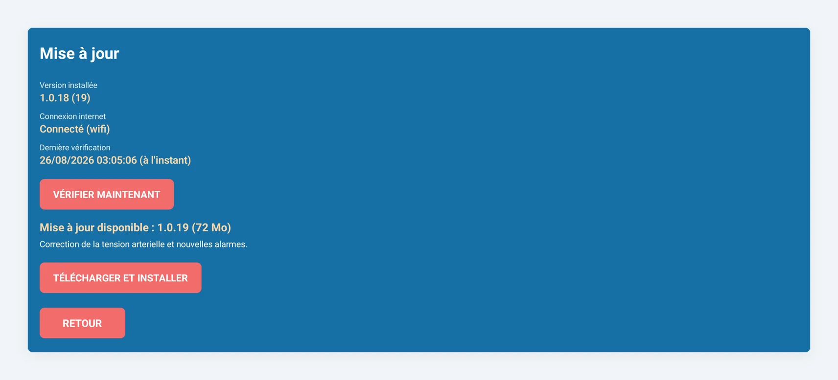 The tablet app update screen, showing that a new version is available